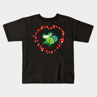 Red Mushroom Heart with Frog and Snail "Masked Goblincore Snuggles" Kids T-Shirt